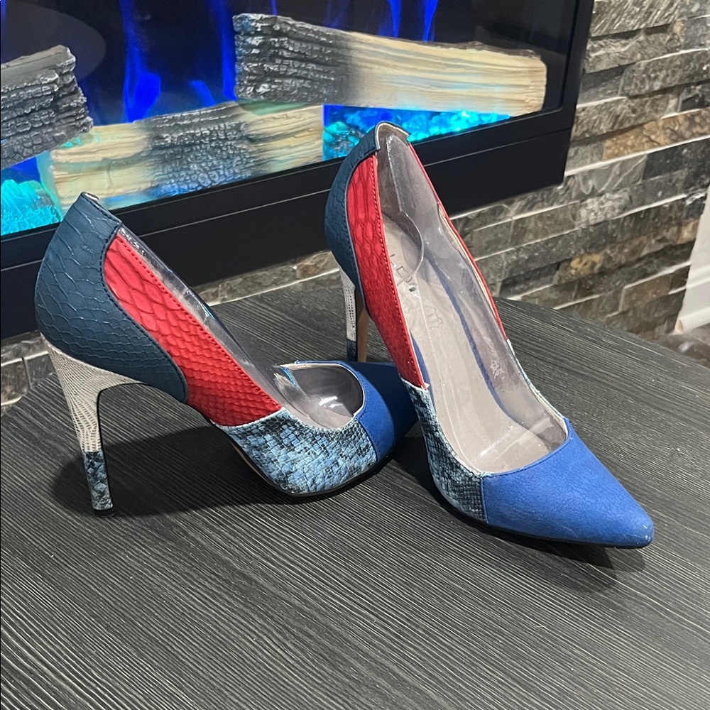 Aldo Blue and Red Snakeskin Heels